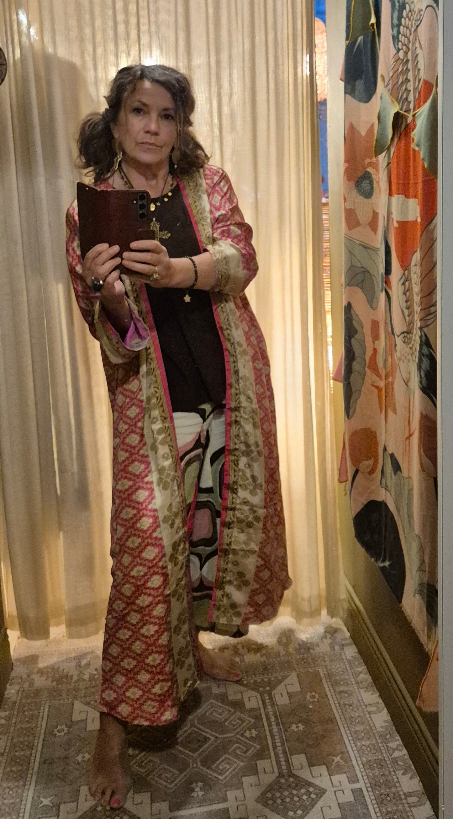 Reversible, long, silk kimono. Each one completely unique and made from sustainable vintage silk saris
