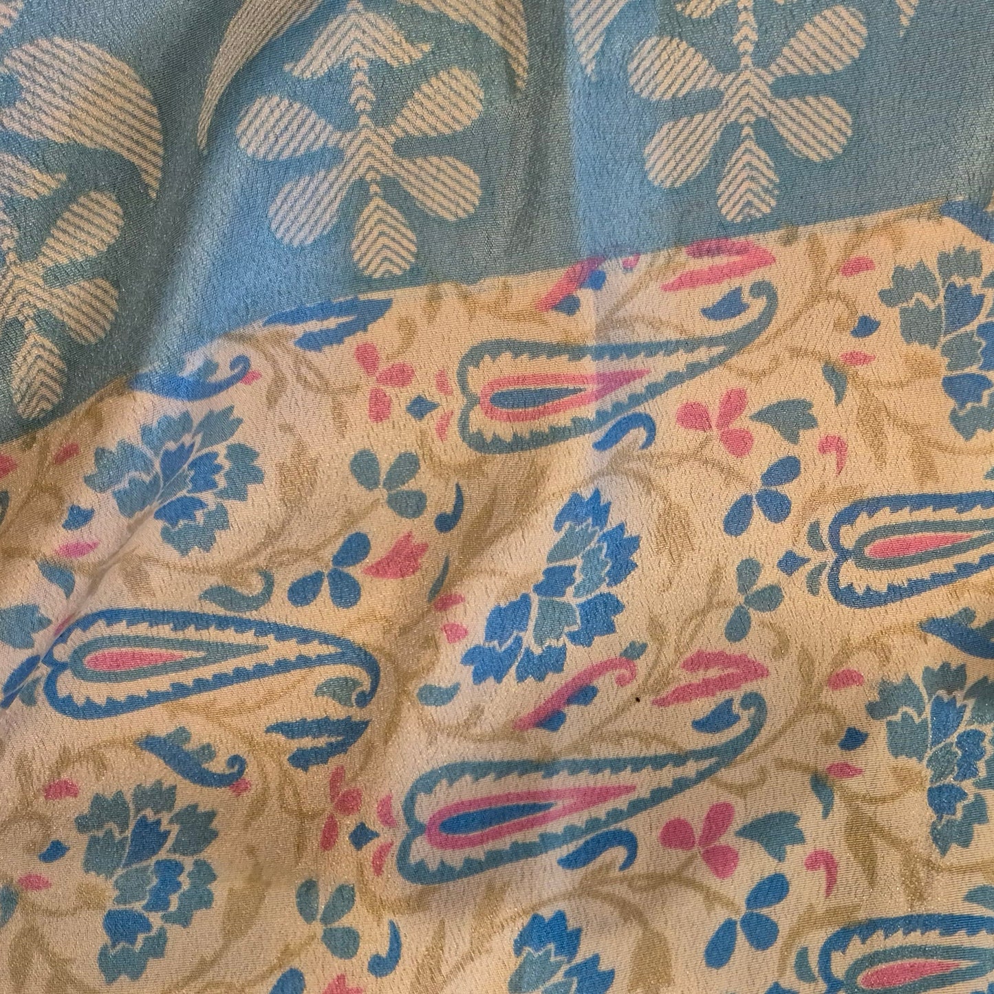 A reversible silk kimono made with vintage up-cycled silk sari fabric. Each side is completely different and each kimono is completely unique