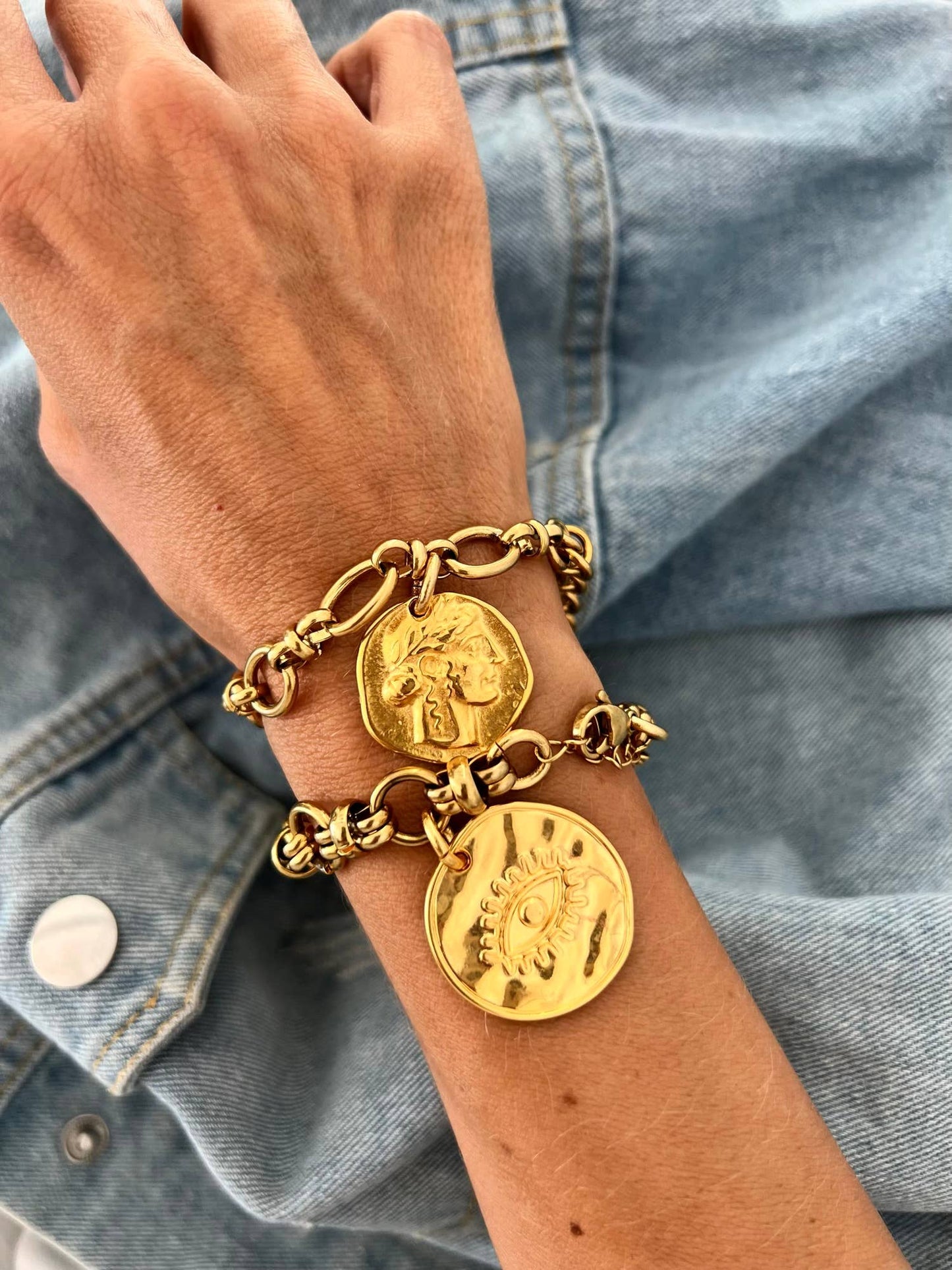 Gold bracelet with ethnic boho coin charm