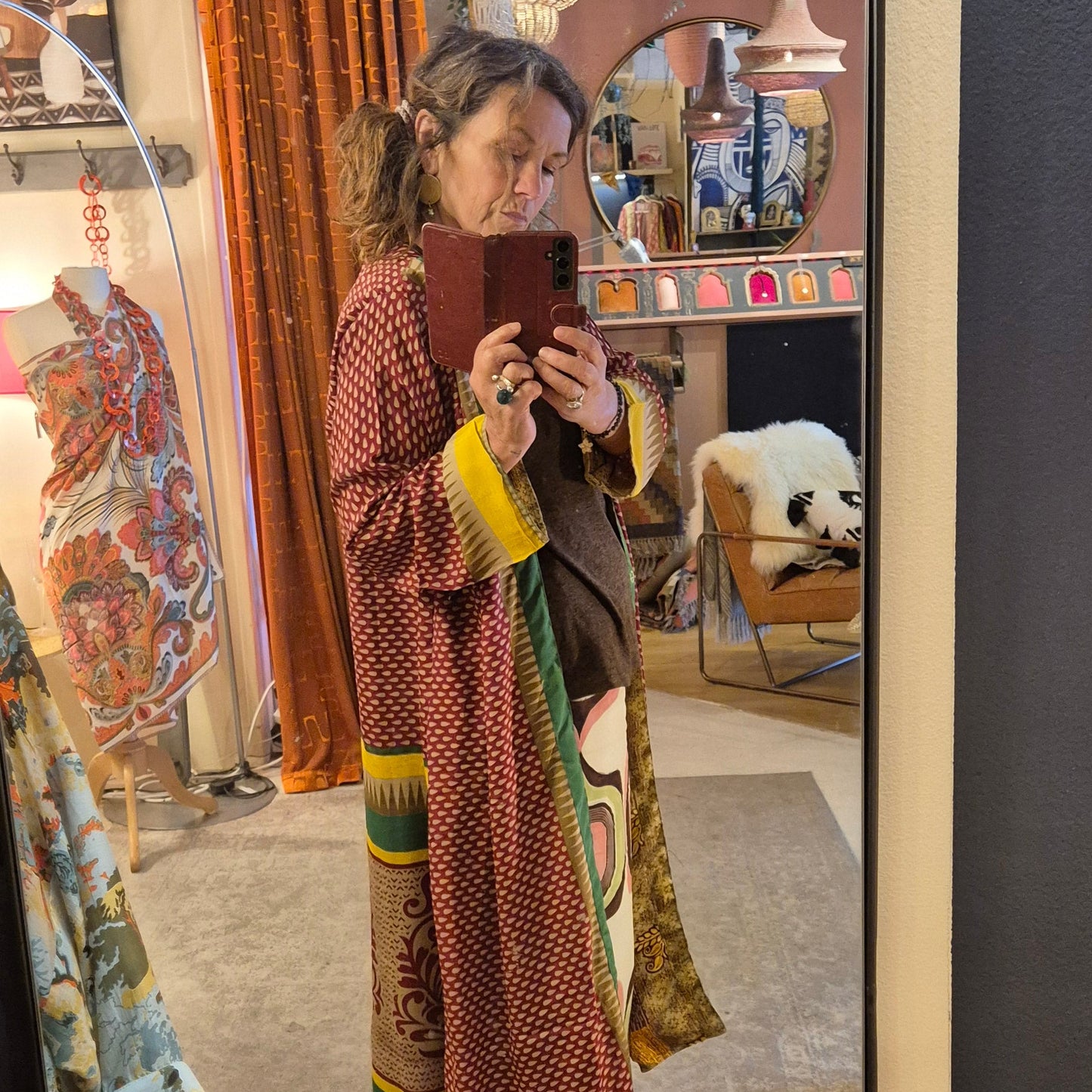 Reversible, long, silk kimono. Each one completely unique and made from sustainable vintage silk saris