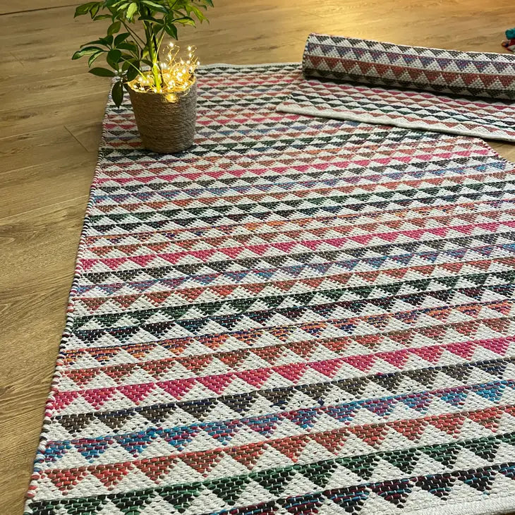 Pink Multicolour Triangle Bunting Stripe Cotton Rug -Karal