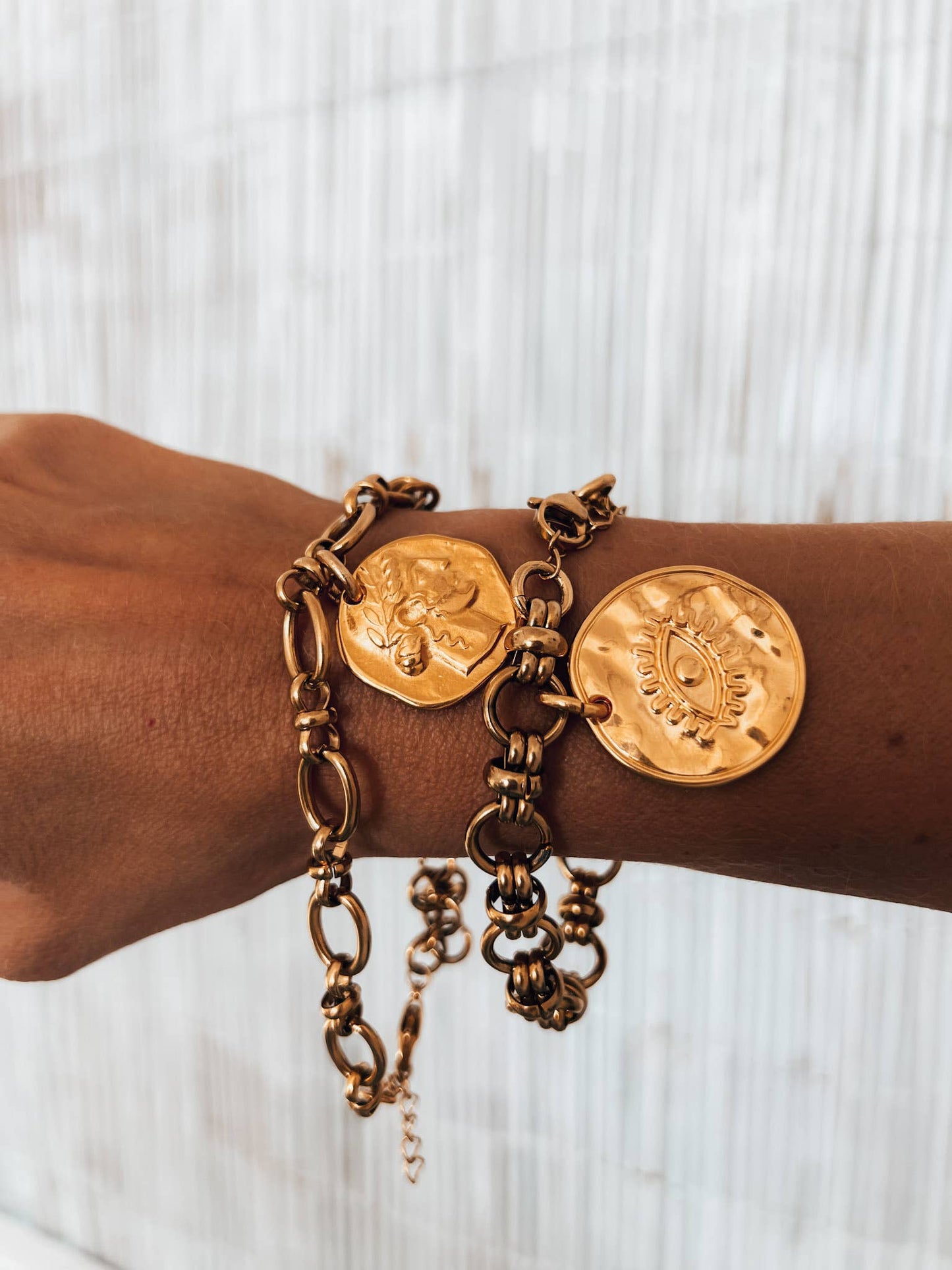 Gold bracelet with ethnic boho coin charm
