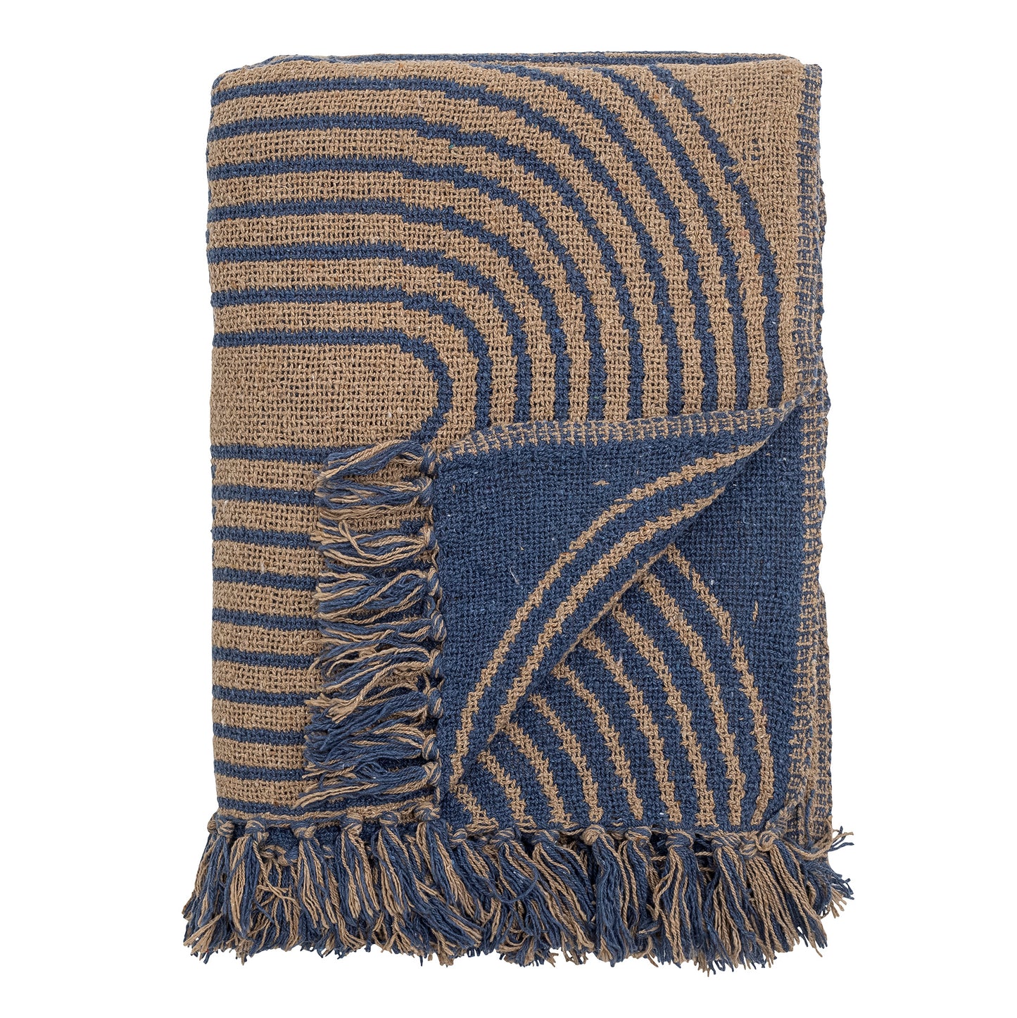 a recycled cotton throw, soft with a blue background and a very graphic curved pattern in a beige. It has a fringe