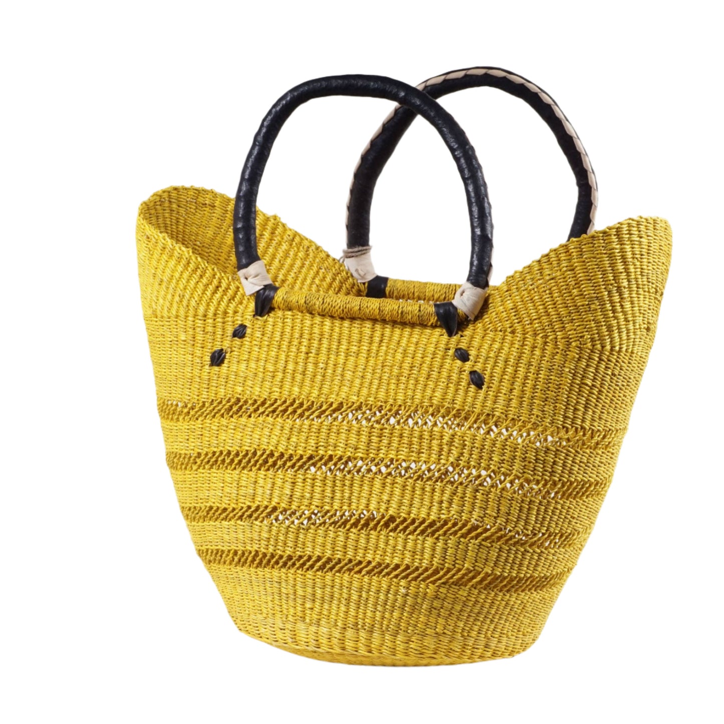 yellow basket with black handles handmade in Ghana