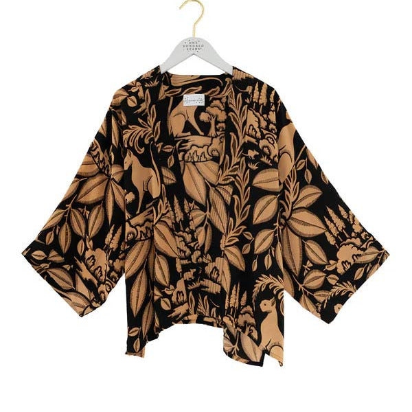 kimono jacket black with terracotta design of sphinx and leaves