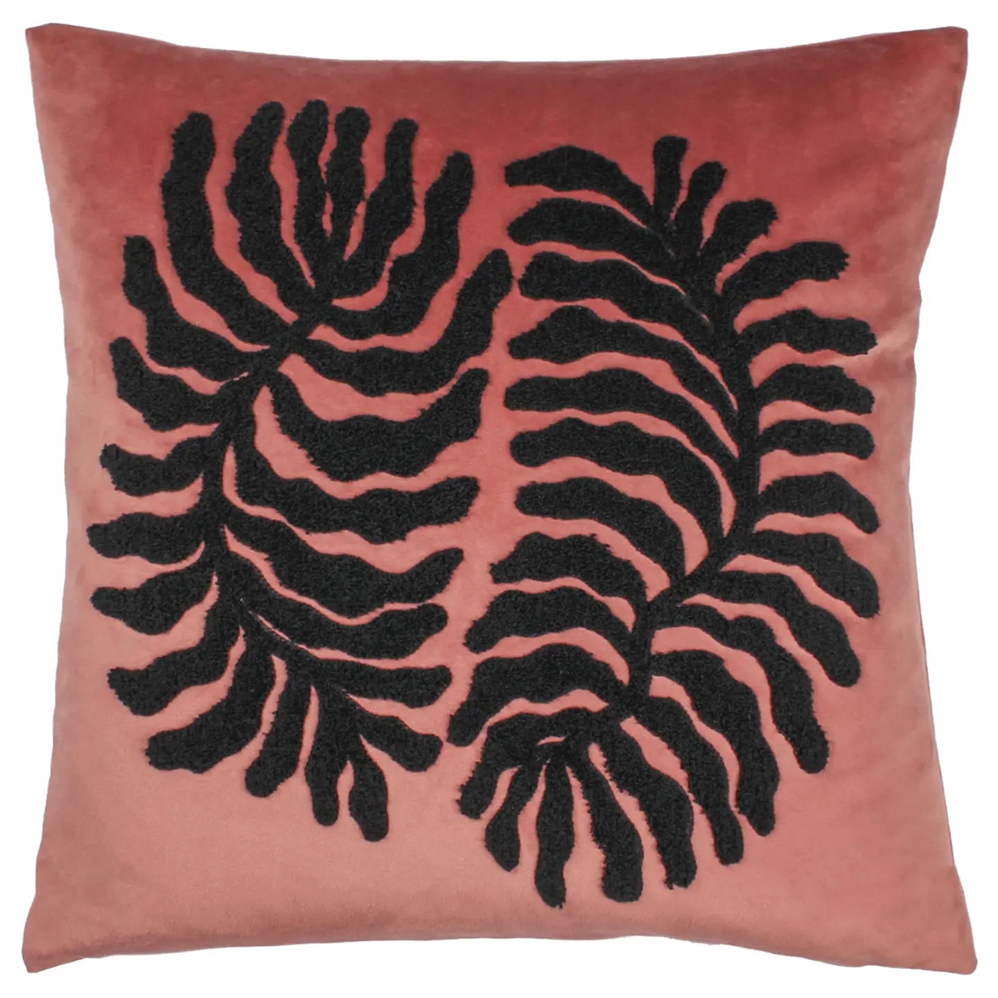 cushion in pink with brown palm leaves motif
