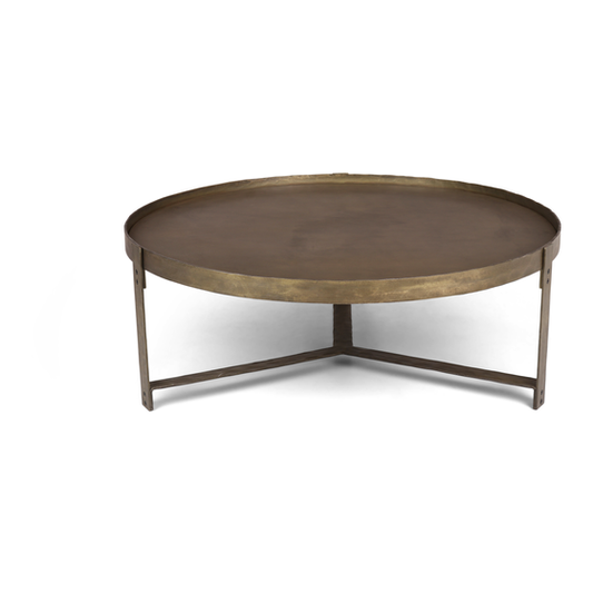 extra large coffee table in brass, round with a rim around. 