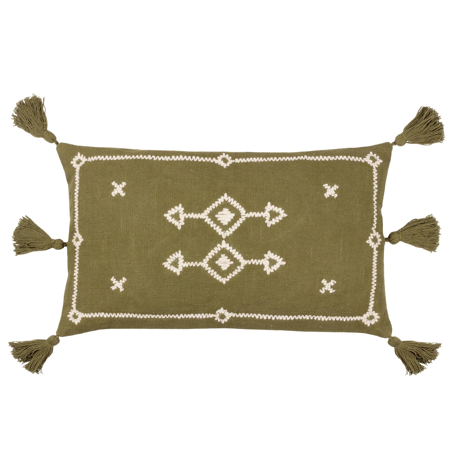 rectangular cushion in khaki with white embroidered design and six tassels 50 x 30 feather filled