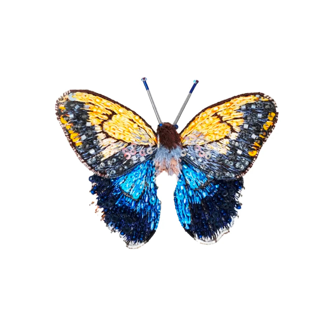 brooch handmade blue yellow and grey with sequins in shape of butterfly