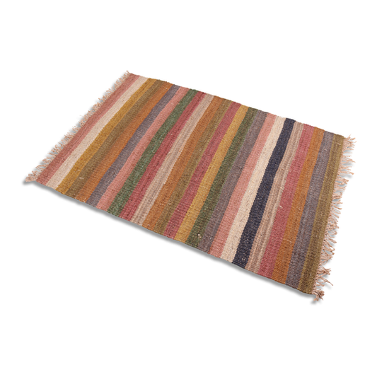 170 x 240cm striped jute rug, heavyweight with muted stripes of pink, salmon, orange, green, a very earthy rug with a fringe at both ends