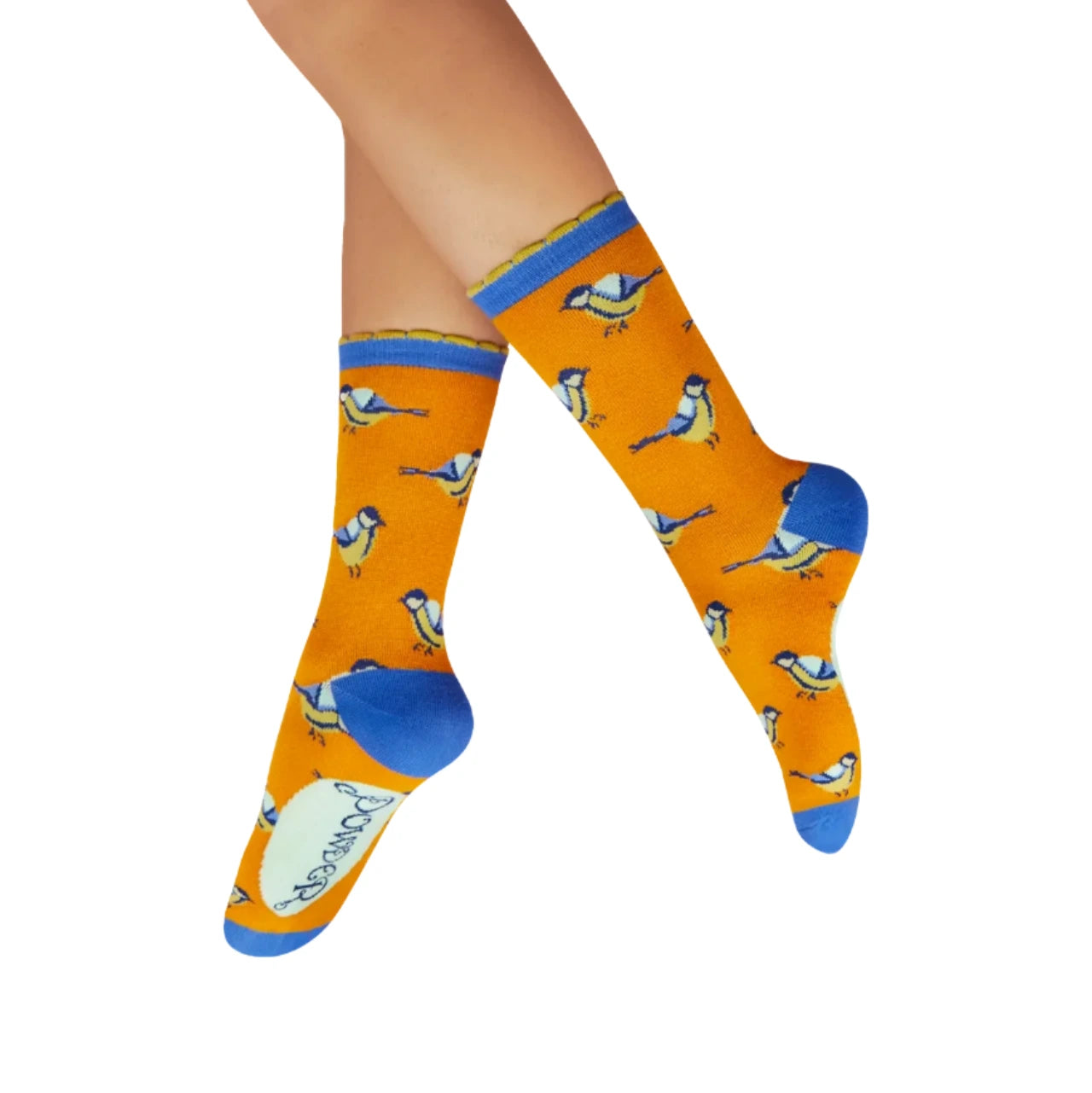 bamboo mix socks orange with lots of mini blue tits