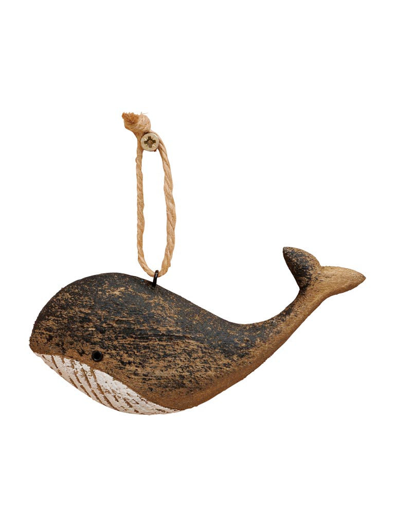 Small hanging black whale in wood