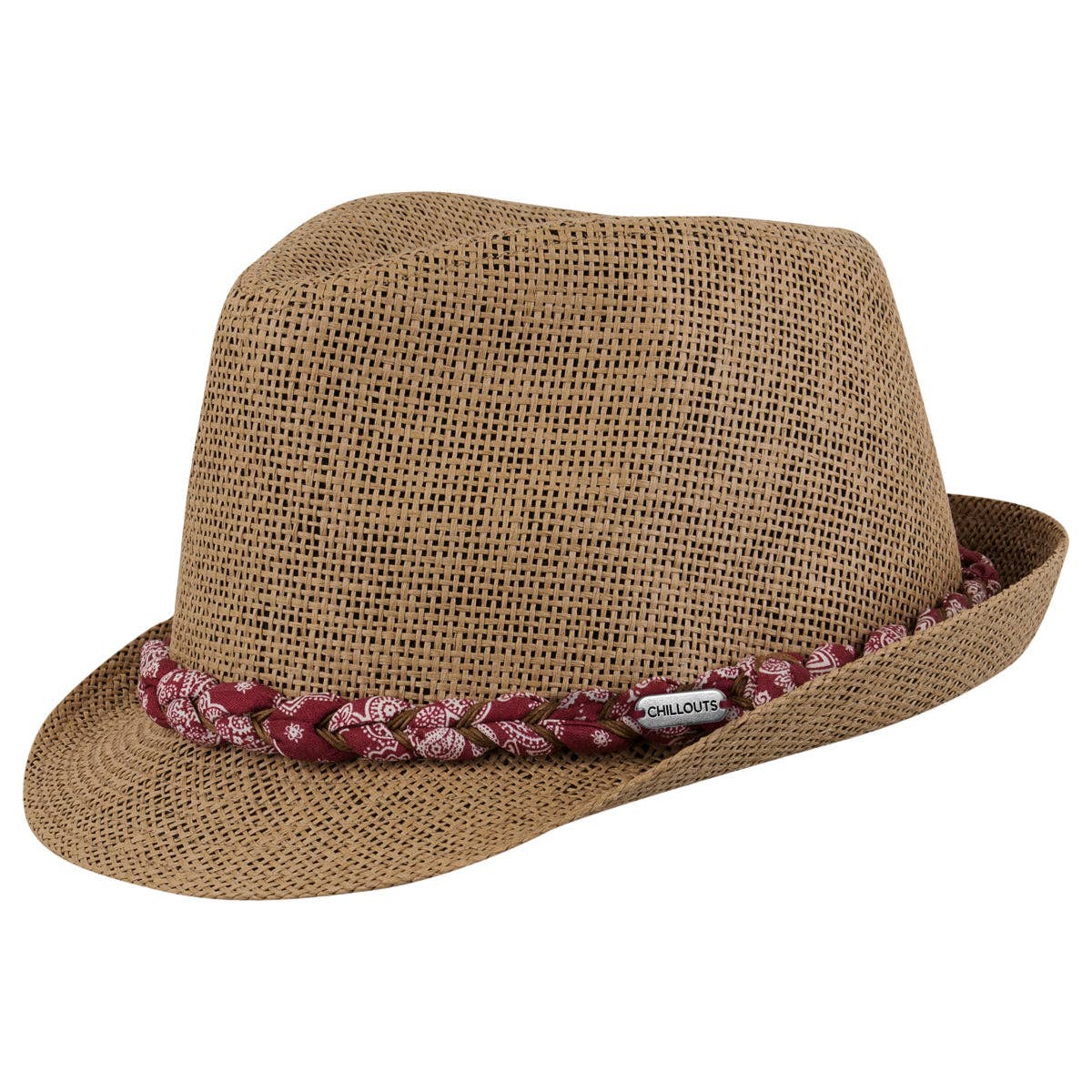 Trilby style hat with rolled paisley scarf near brim