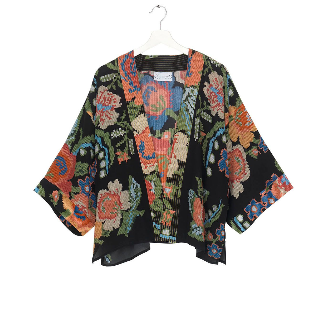 One Hundred Stars Kimono Crepe Woven Flower Black