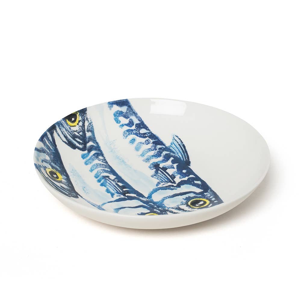 Ceramic dish with blue mackerel design hand painted on a white background