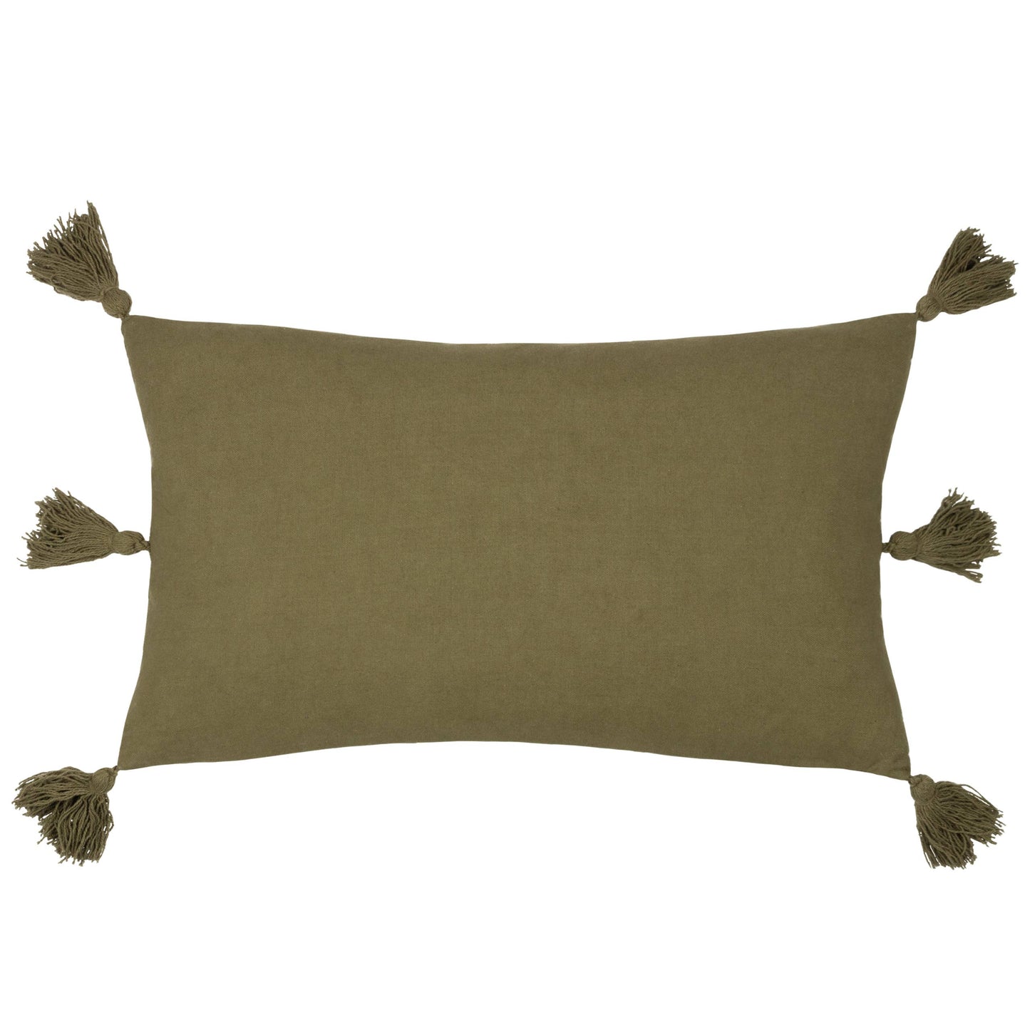 rectangular cushion in khaki with white embroidered design and six tassels 50 x 30 feather filled