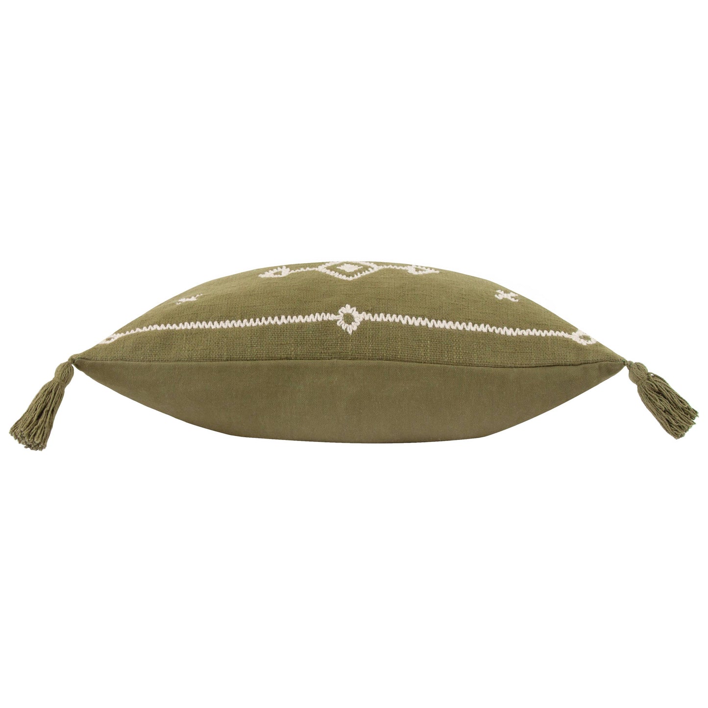 rectangular cushion in khaki with white embroidered design and six tassels 50 x 30 feather filled