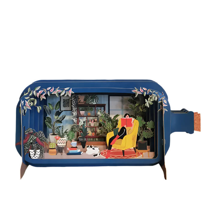 fabulous horizontal bottle shaped cut out card with many homely elements