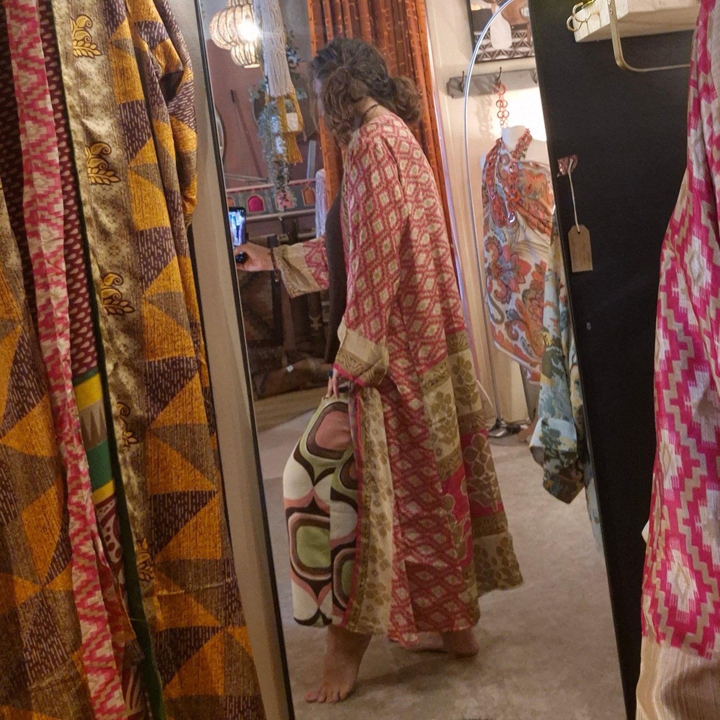 Reversible, long, silk kimono. Each one completely unique and made from sustainable vintage silk saris