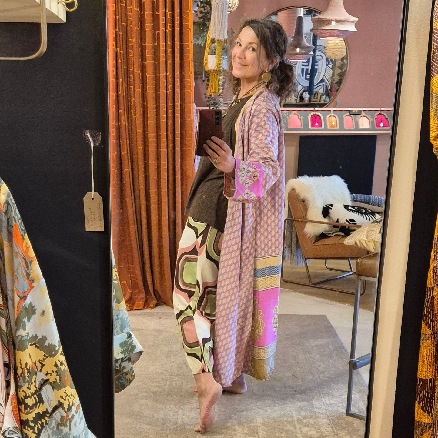 Reversible, long, silk kimono. Each one completely unique and made from sustainable vintage silk saris