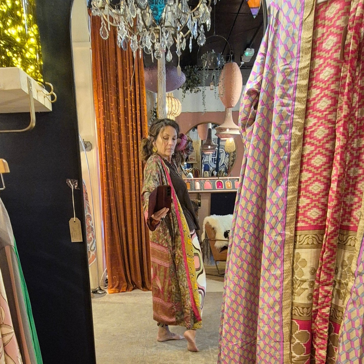 Reversible, long, silk kimono. Each one completely unique and made from sustainable vintage silk saris