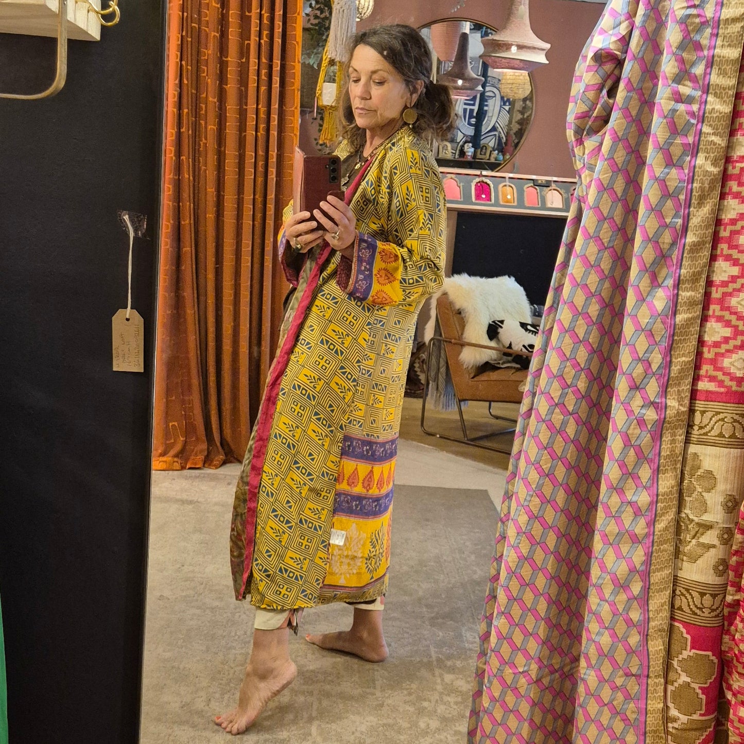 Reversible, long, silk kimono. Each one completely unique and made from sustainable vintage silk saris