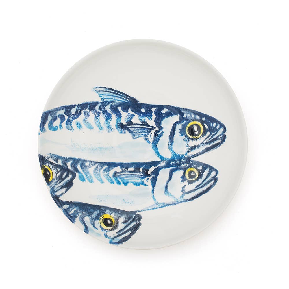 Ceramic dish with blue mackerel design hand painted on a white background