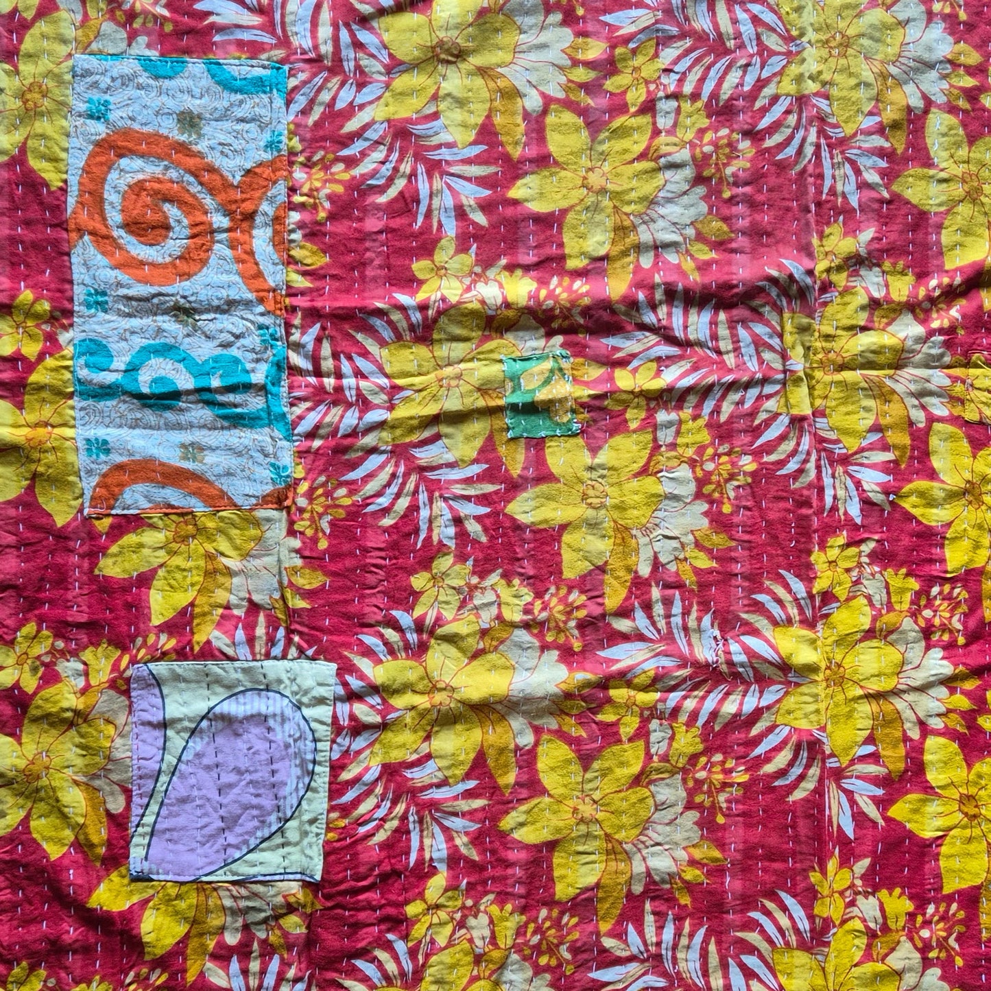 A colourful throw, made from up-cycled vintage Indian fabrics. Completely unique, no two are ever the same.
Front and back are also different giving the opportunity for a different look in different seasons
The throw features the distinctive kantha stitch.
A sustainable heirloom piece for gifting or self gifting.
220cm x 135cm approx
