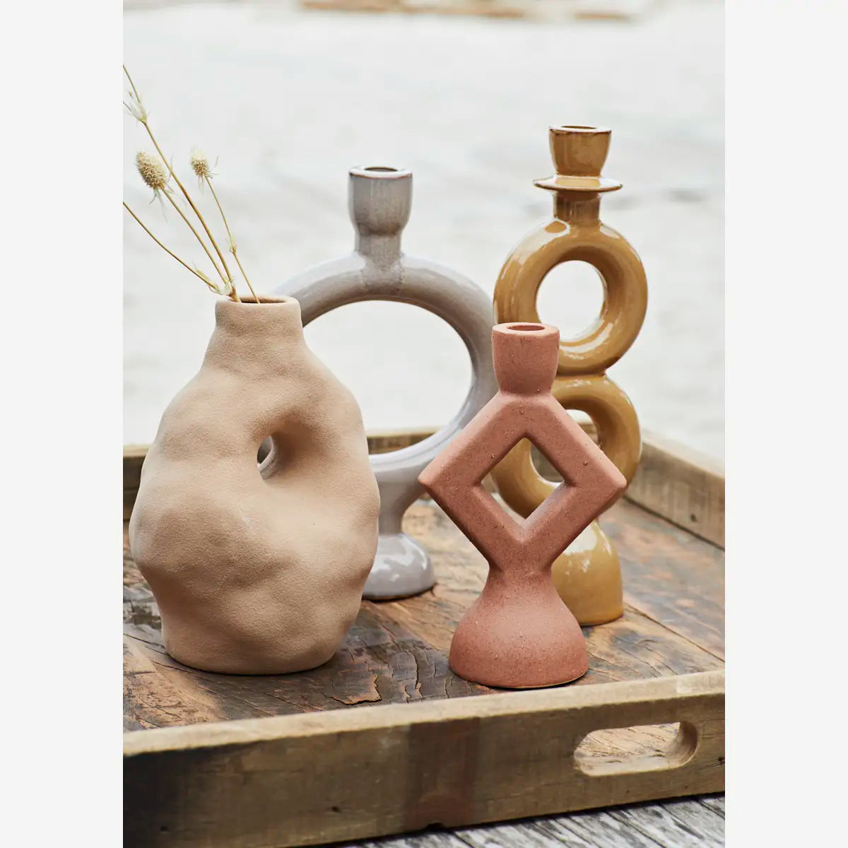 Stoneware candle holder mustard - 30cm