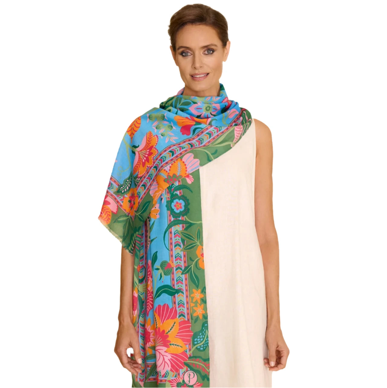 blue background scarf with colourful folk floral design