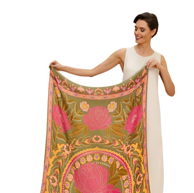 Printed Folk Floral Roses Scarf - Powder