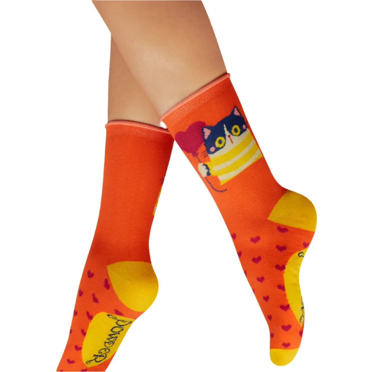 bamboo socks in orange with a cat in a stripy jumper holding a heart balloon