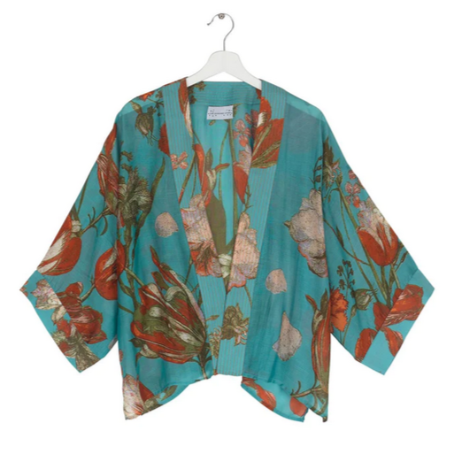 Tulip Blue Kimono with a teal blue background and red and grey tulips one hundred stars