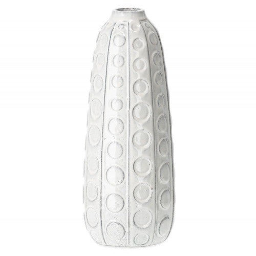 tall white ceramic vase with circle design