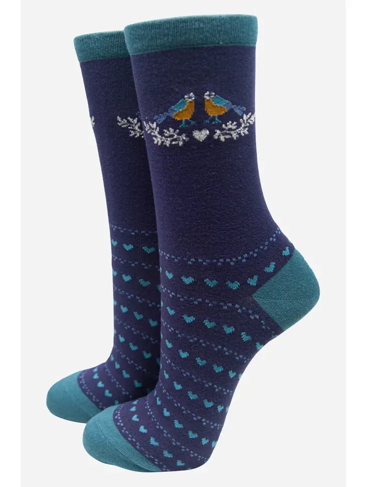Navy blue bamboo sock with teal hearts and two Blue birds 