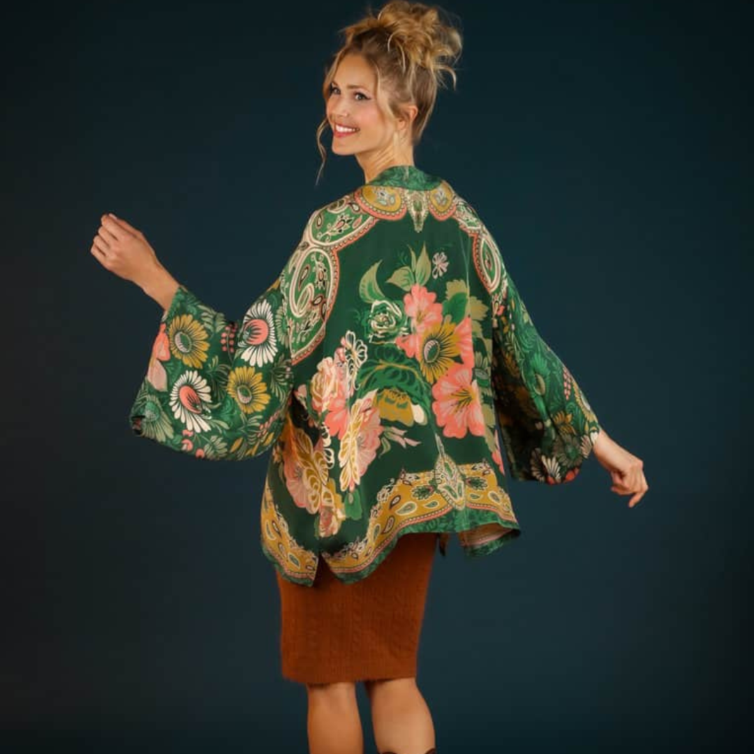 Powder Kimono Jacket Folk Floral Fern