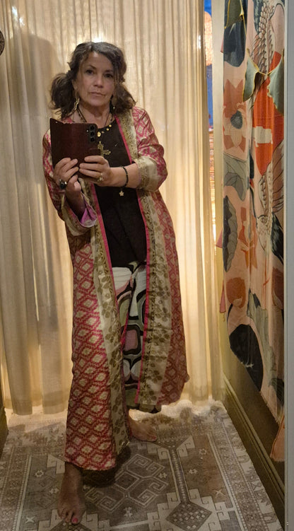 Reversible, long, silk kimono. Each one completely unique and made from sustainable vintage silk saris