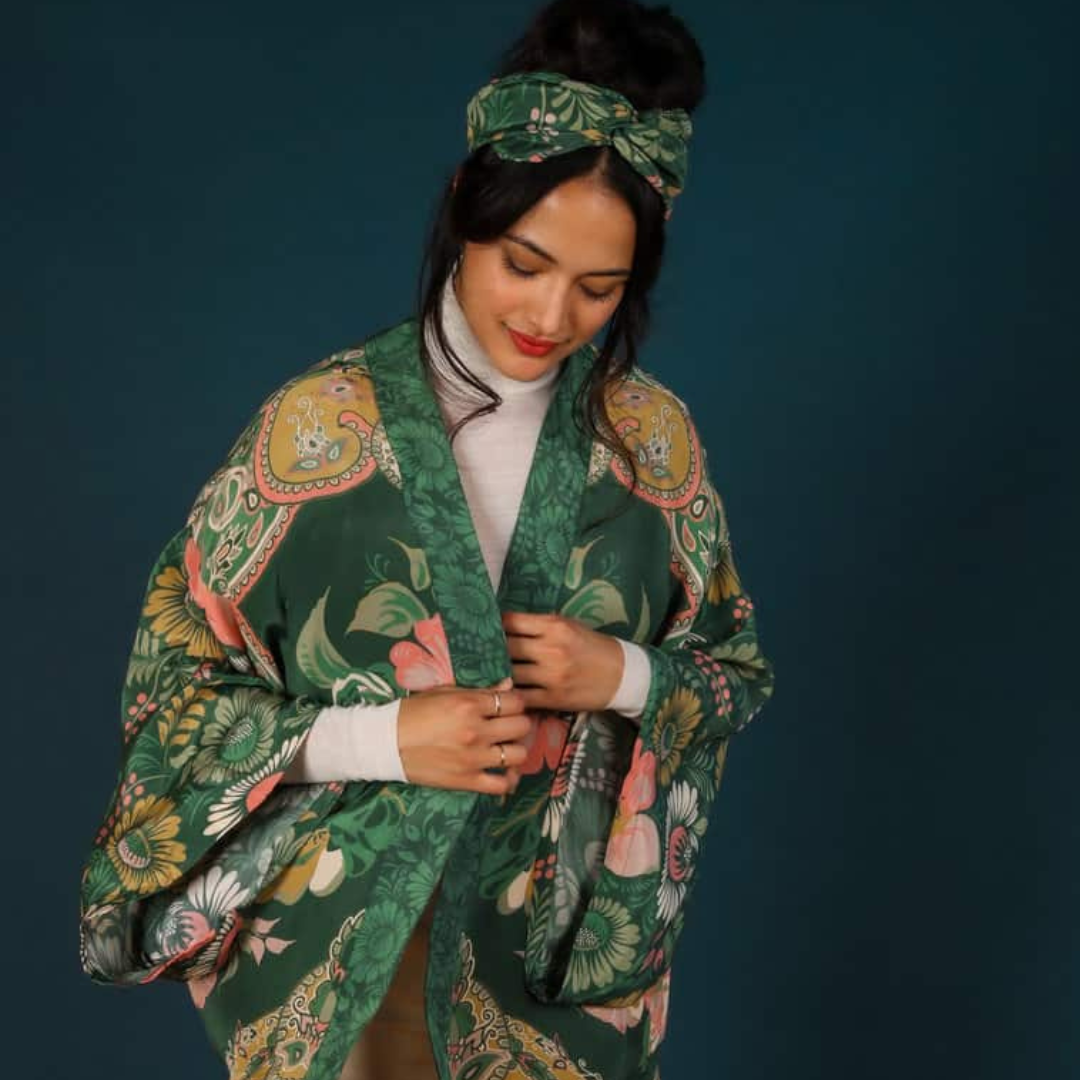 Powder Kimono Jacket Folk Floral Fern