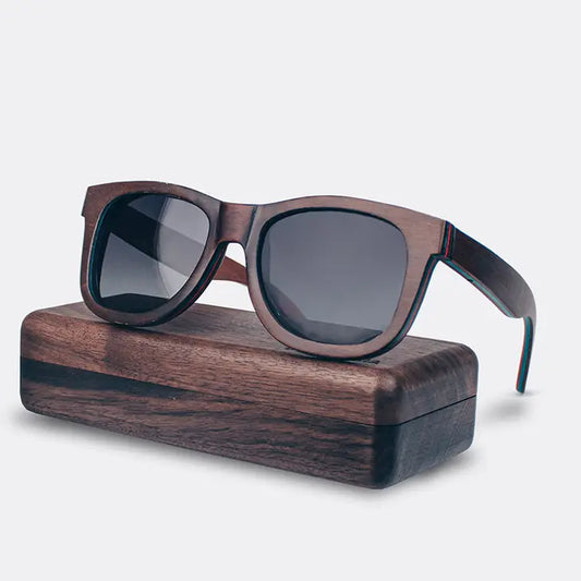 These wooden stylish mens sunglasses are made of wallnut and come in a wallnut presentation case. they are dark wood and the inside has red designs. very high end look and feel to these glasses