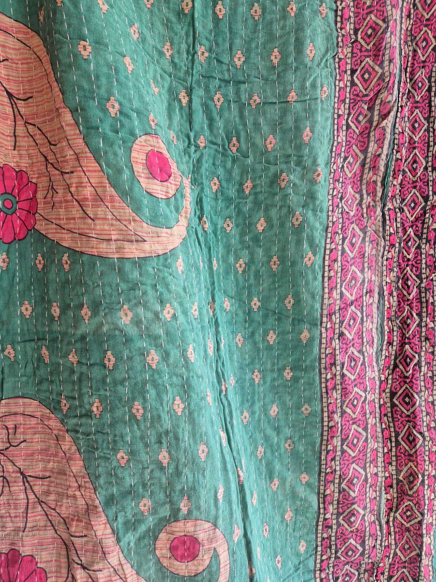 Colourful Kantha throw made from upcycled vintage saris model 22