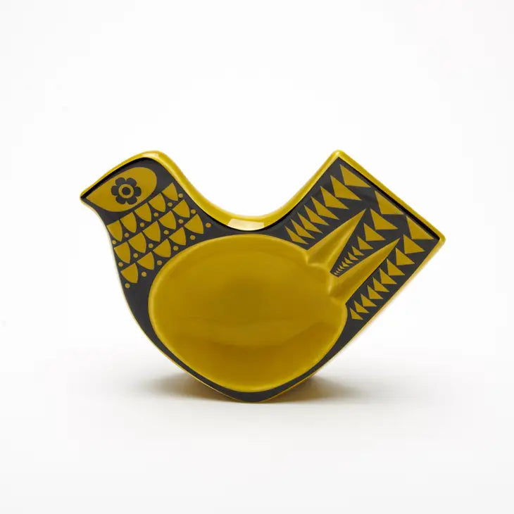 Hornsea retro style pottery bird dish, in Chartreuse with black retro design, comes in a gift box