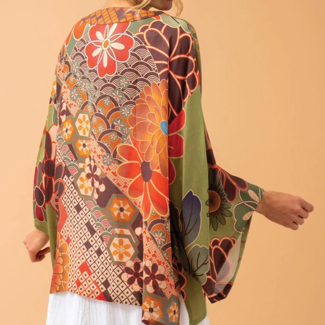 Powder 70s Kaleidoscope Floral Kimono Jacket in Sage