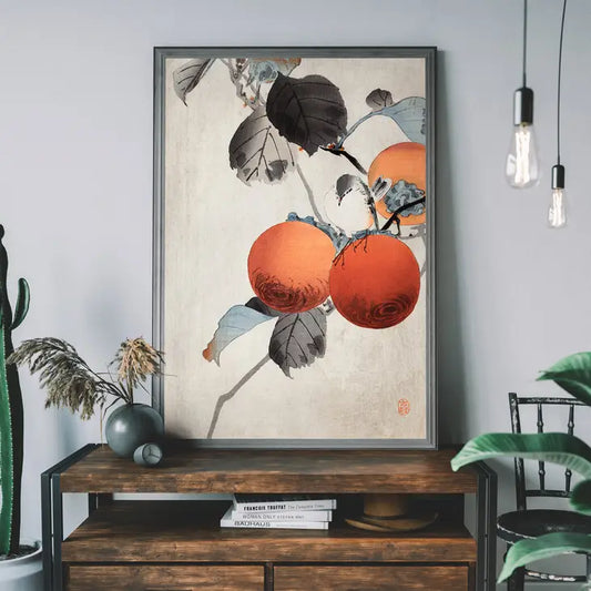 a beautiful japanese print with a bird on a branch, some leaves and orange berriess