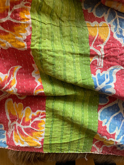 Colourful Kantha throw made from upcycled vintage saris model 4