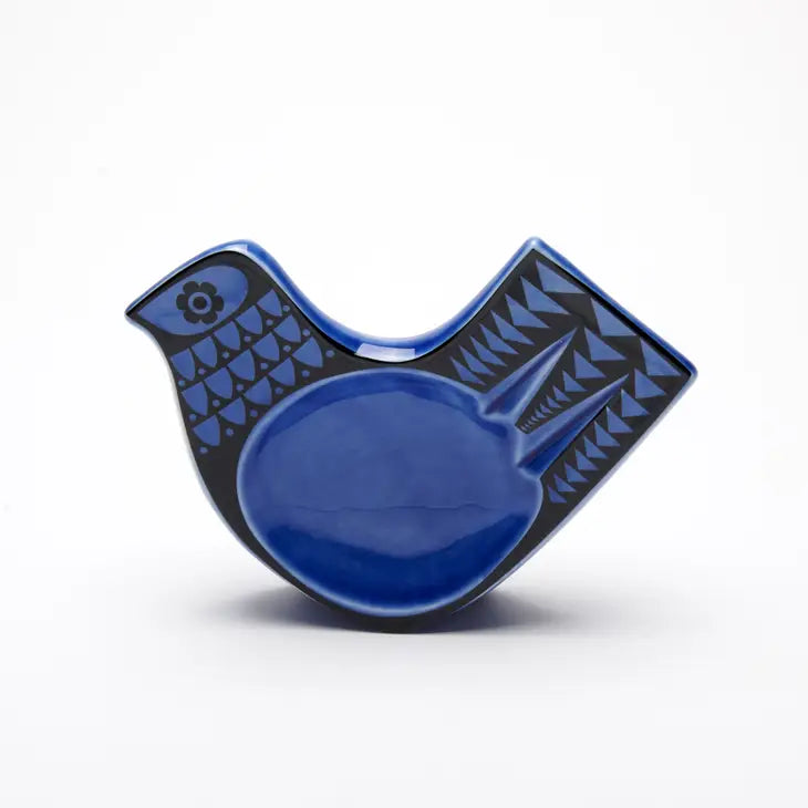 Hornsea retro pottery, mini dish in the shape of a bird. Blue with black retro design. Comes in a gift box