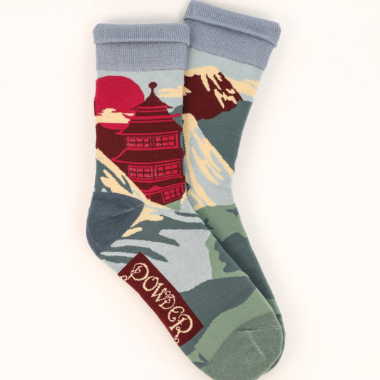 mens socks depicting an ancient oriental temple and mountains bamboo