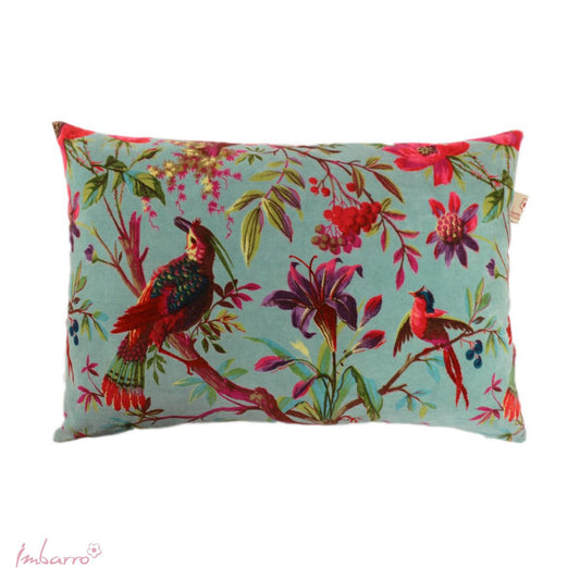 A velvet cushion with a colourful pattern. The pattern depicts some colourful tropical birds and a botanical scene against a lagoon blue colour. A perfect accent piece for your home. It sits well on a plain background or coupled with some plain coloured cushions.