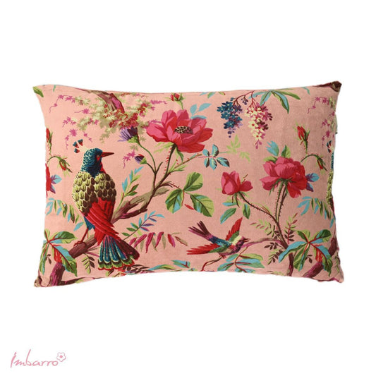 A velvet cushion with a colourful design depicting exotic birds and botanical scene on the front and back. The background is a classic peachy pink and this is a great accent piece for a bedroom or living room. 60 x 40cm