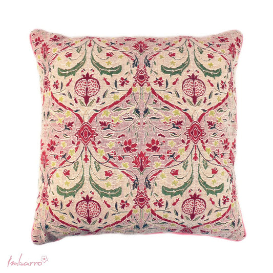 &nbsp;The cushion is made of luxurious jaquard fabric with a beautiful woven design. The cushion is 50cm by 50cm and the background colour is pink with red repeat patterns of leaves and fruit, it has a classic feel to it. A luxurious item that will elevate any scheme where the colours suit.