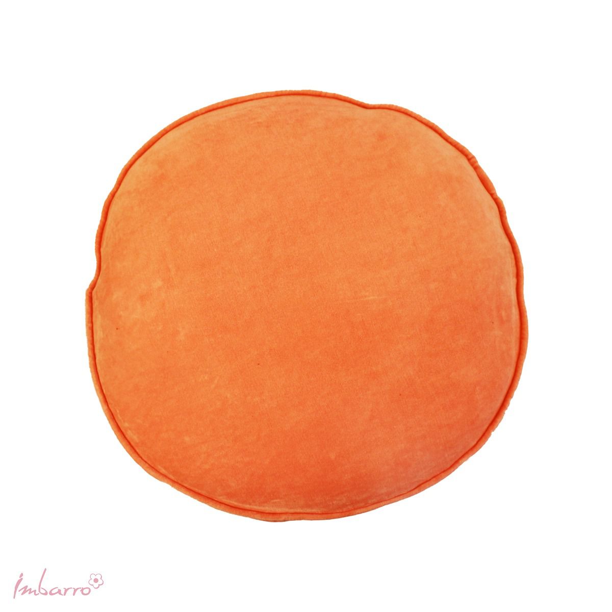 A plain round 45cm velvet cushion in orange with piping in the same velvet colour. Plain cushions are great on a couch, bench or armchair. Even on a bed, and especially striking when mixed with a patterned cushion or on a patterned couch or chair. 